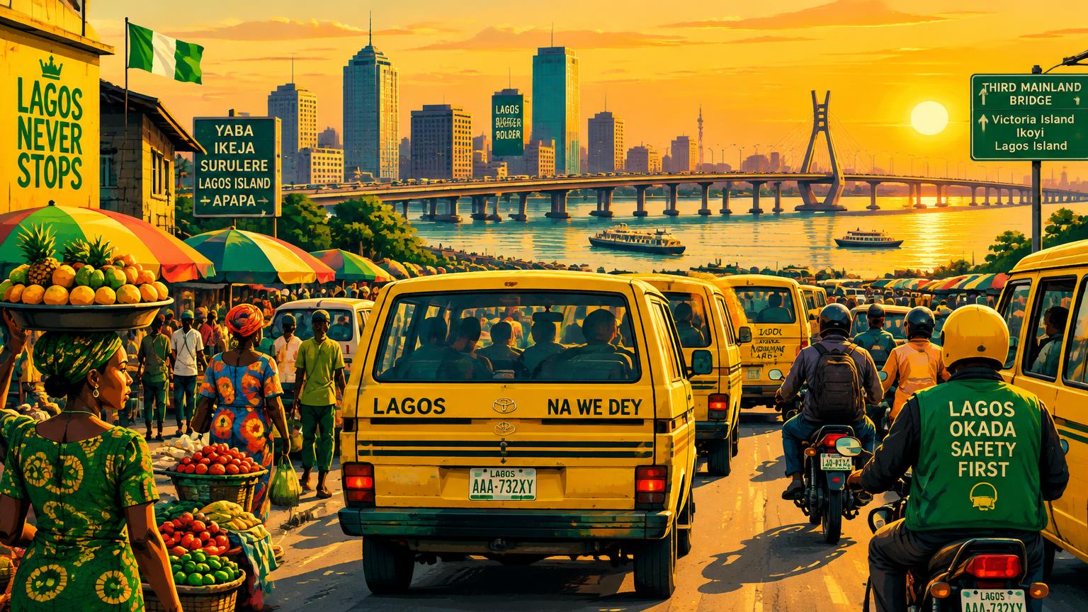 Busy Lagos street with yellow danfo buses at sunset